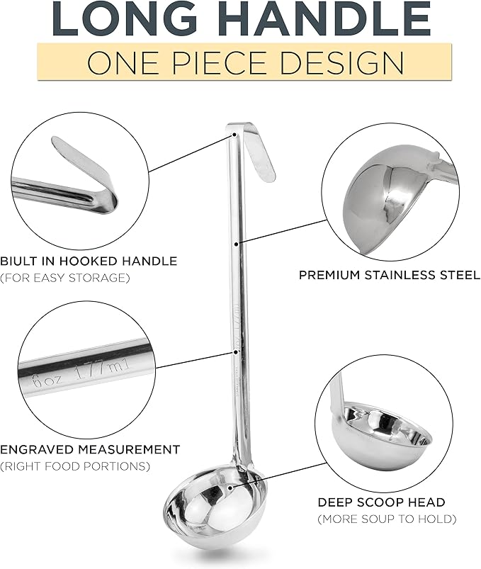 Fit Meal Prep Stainless Steel Soup Ladle One-Piece Sauce Spatula with Hook Handles, Commercial Grade Serving Spoon, Kitchen Tool for Restaurant or Home Cooking [Pack of 4] - 2oz, 4oz, 6oz, 8oz
