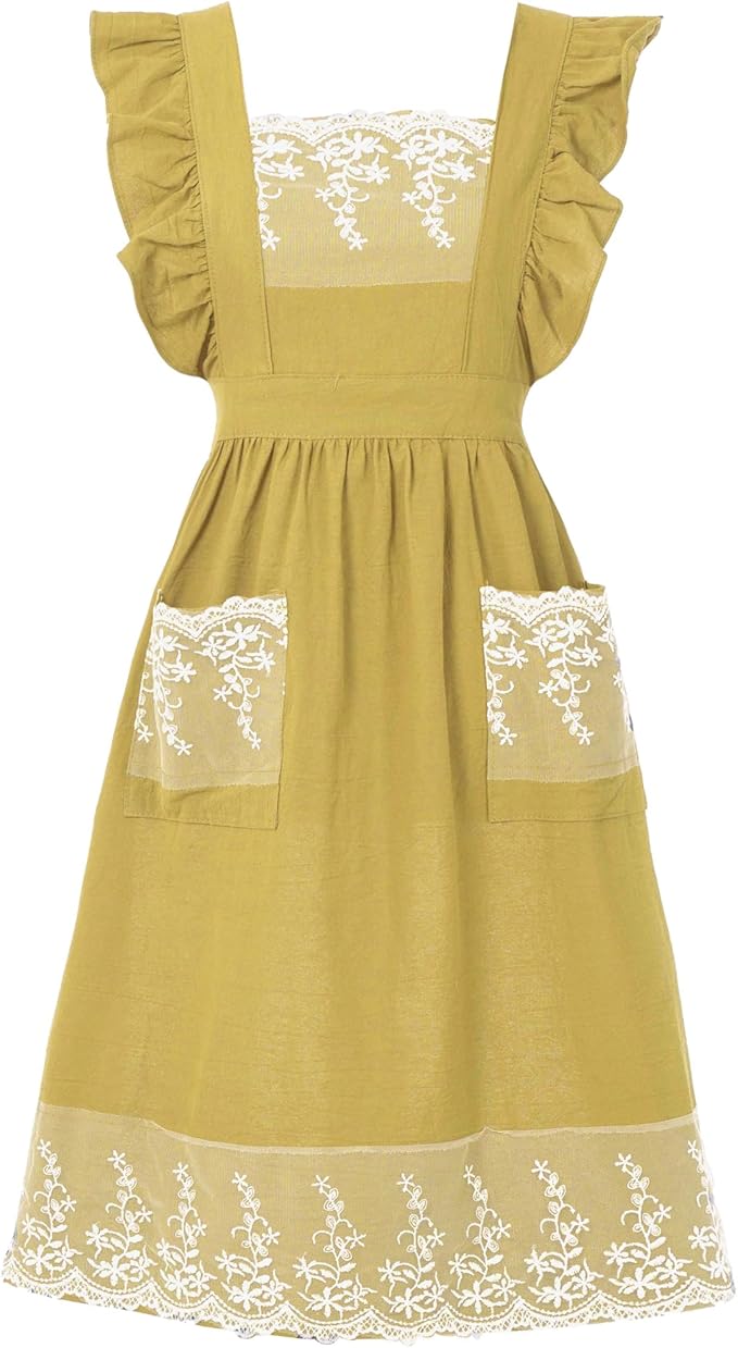 Aoomzoon Vintage Aprons for Women with Pockets Cute Lace Ruffle Adjustable Apron for Cooking Kitchen Baking Gardening
