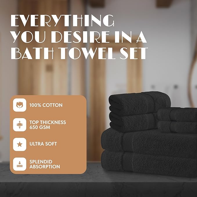 Black Bath Towel Set of 6 - 100% Cotton Highly Absorbent Towels for Bathroom, 2 Luxury Bath Towels 650GSM, 2 Hand Towels, 2 Washcloths