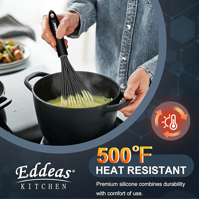 Eddeas Silicone Whisk - Non Scratch Whisks for Cooking, 500°F Heat Resistant Siliocne Wisk tool, Heavy Duty Kitchen Whisks, for Blending, Beating, set of 4 (5+7+9+11 inch) Black