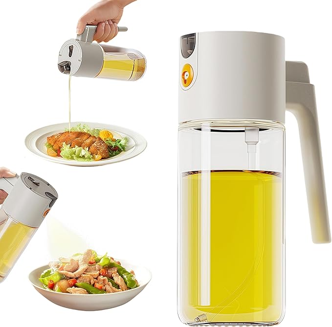 Olive Oil Spray Bottle Dispenser, 2-in-1 Glass Material Kitchen Cooking Oil Sprayer, 20.3 oz/600 ml Cooking Spray, Glass Spray Bottle with Tipper, Food Grade Spray for Kitchen, Salad, Frying, Barbecue