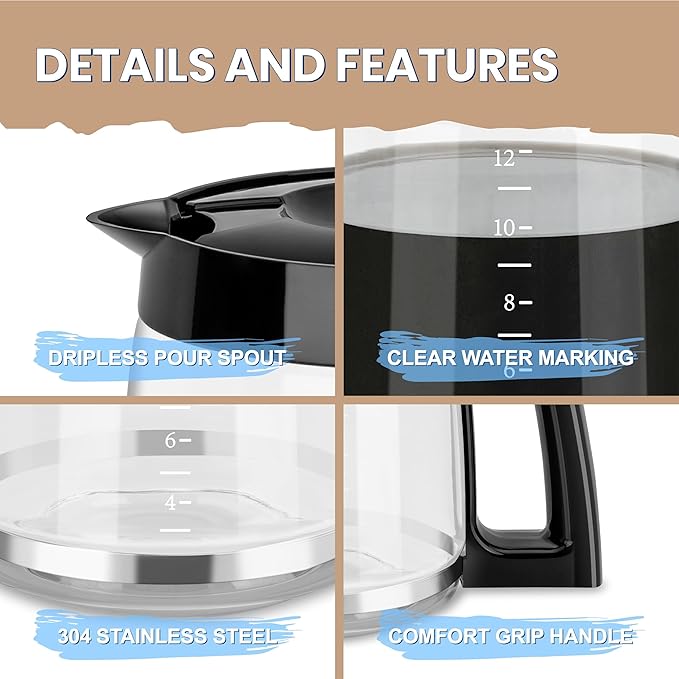 12-Cup Glass Carafe Replacement Pot, Compatible with Hamilton Beach Coffee Maker Models 46310, 49976, 49966, 49350, 49957, 49954, 49933, 49980A, 49980Z, 49983, 49618, 46300, and 49950.