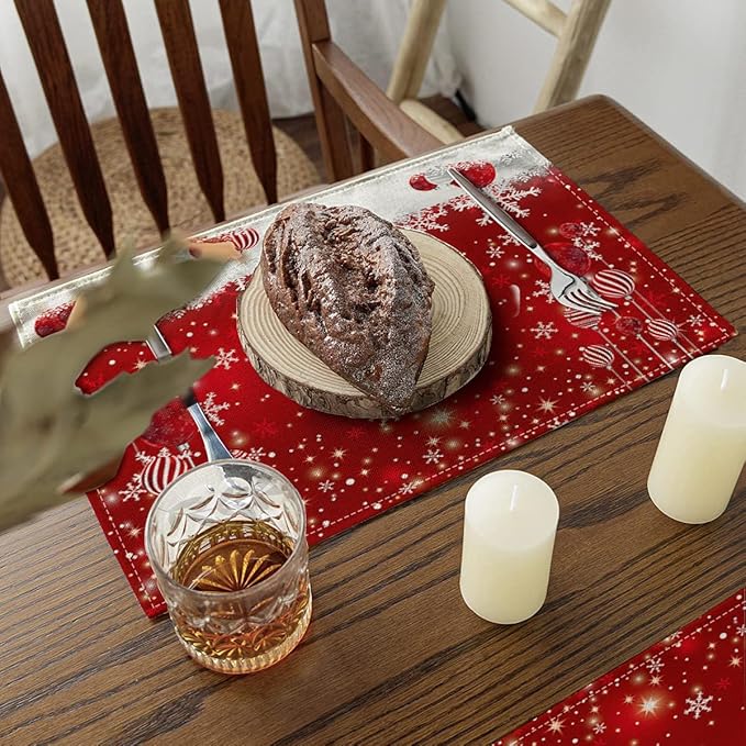 Ansouyi Placemats Set of 6, Red Snowflakes Christmas Balls Washable Heat Resistant Linen Table Mats, Kitchen Decor Non-Slip Place Mats for Party Dining, 12x18 Inch