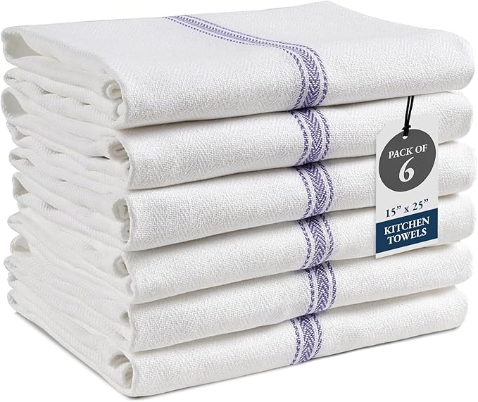 LANE LINEN Kitchen Towels, 6 Pack 14"x25" Dish Drying Towels, 100% Cotton Tea Towel with Hanging Loop, Reusable Napkin, Durable After Multiple Washes, Soft & Absorbent - Blue Stripe