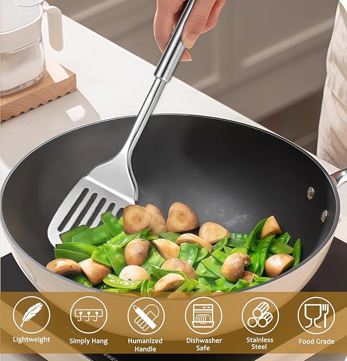 Stainless Steel Kitchen Utensils Set, 6 PCS Metal Cooking Utensils Set, Heat Resistant Cooking Spatula Spoon Set with Turners, Serving Spoon, Ladle, Skimmer, Pasta Server