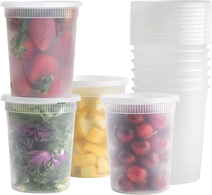 BluShine [24 Sets] 32 oz. Plastic Deli Food Storage Containers with Airtight Leak Proof Lids - Reusable - Microwave, Fridge, and Freezer Safe