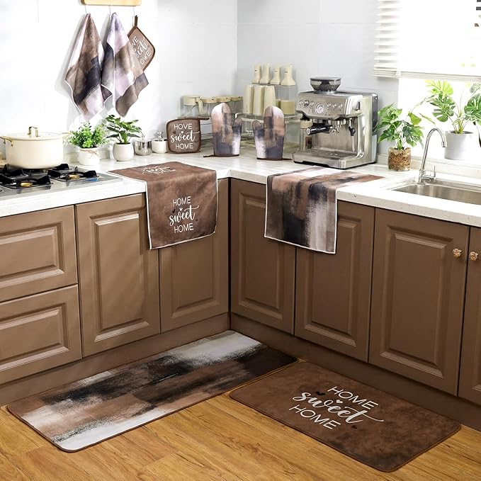Fourluoo 10 Pcs Brown Kitchen Decor Farmhouse Oven Mitts and Pot Holders Kit Vintage Kitchen Dish Towels Modern Marble Pattern Oven Gloves for Home Decorations Baking Cooking Birthday Summer Gifts