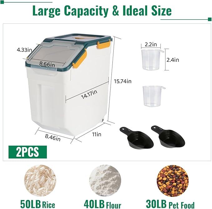 2 Pack Rice Container 50 lbs Large Bulk Flour Sugar Storage Holdhouse Plastic Grain Cereal Dry Goods Bin with Spoon and Measuring Cup for Kitchen Pantry Organization - Blue