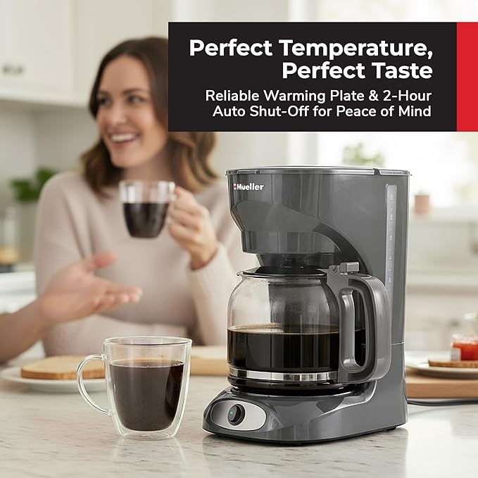 MUELLER HOME 12-Cup Drip Coffee Maker Perfect for Home or Office, Borosilicate Carafe, Auto-Off, Reusable Filter, Anti-Drip, Keep-Warm Function, Clear Water Level Window, Gray