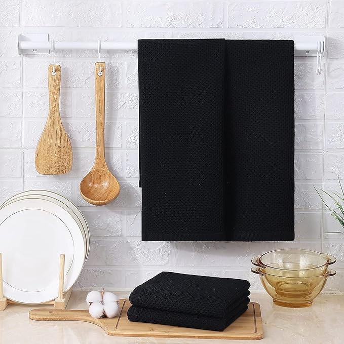 Kitinjoy 100% Cotton Waffle Weave Kitchen Hand Towels (13 X 28 Inches, Black), 12-Pack Super Soft and Absorbent Dish Towel for Drying Dishes