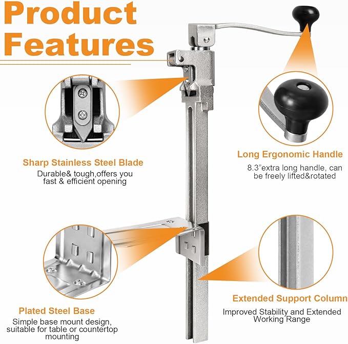 Heavy Duty Commercial Can Opener, Manual Tabletop Can Opener with Blades and Plated Steel Base, Industrial Cans Opener Fits Big 10 Cans Up to 17" Tall for Restaurants/Hotels/Bars(Silver)