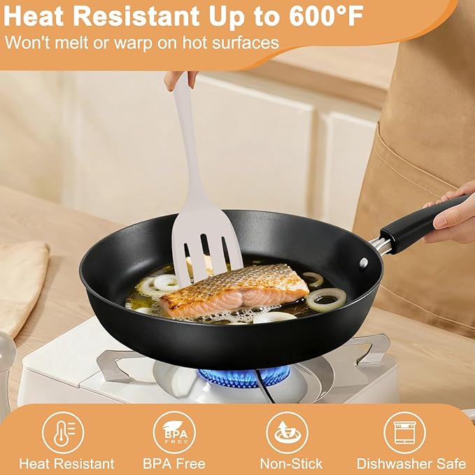 Silicone Spatula Turner Set, 4 Pack, 600°F Heat Resistant Cooking Spatulas, Spoons, BPA Free & Non-Stick Kitchen Utensils, Ideal for Flipping Egg, Pancake, and Serving, Dishwasher Safe (Khaki)