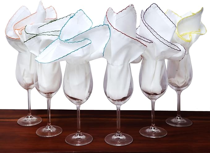 COTTON CRAFT Cloth Napkins - Set of 12 Pure Soft Cotton White Dinner Napkins with Colorful Border Trim – Absorbent Reusable Fabric Serviettes for Dining Table, Parties, Weddings, Everyday Use - 17x17