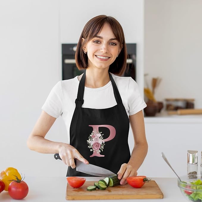 ROKO CLOTHING Personalized Initials Apron with Pockets Custom Kitchen Aprons Women for Baking Cooking Adjustable Neck Waist