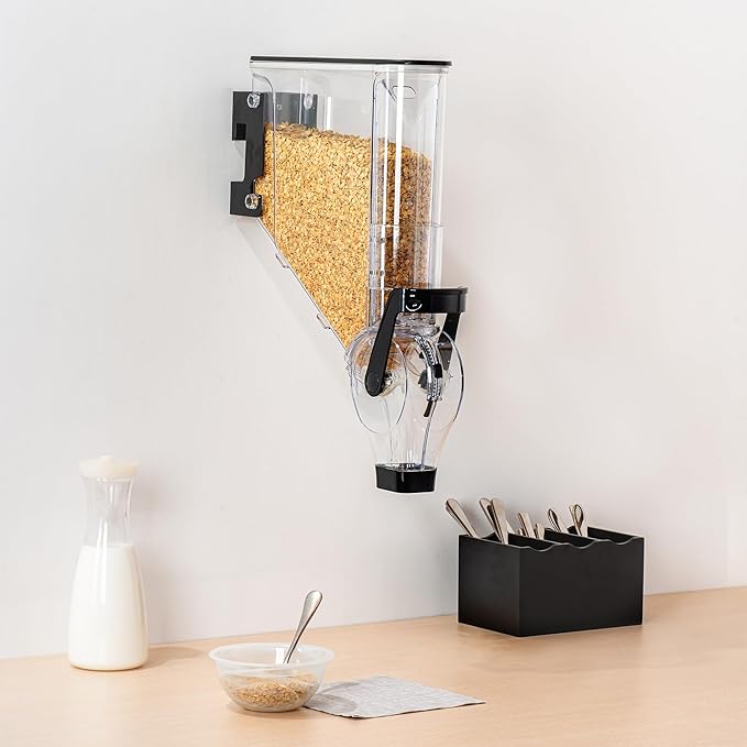 Restaurantware Cereal Dispenser 2 gal Plastic Wall-Mounted Gravity Bin Candy Dispenser Self-Serve Black Dry Food with Wall Mount Brackets for Breakfast Buffet or Hotel Use