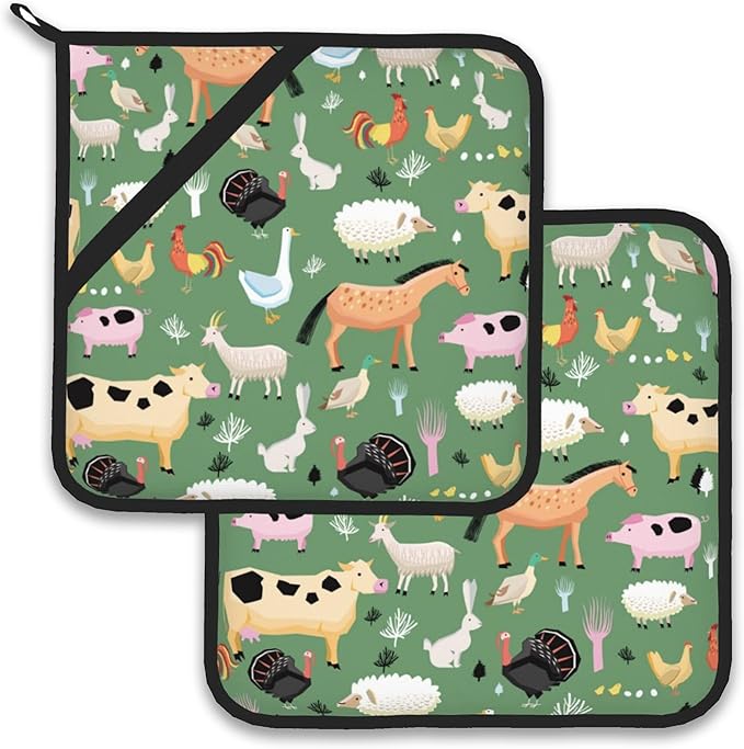 Funny Farm Animals Horse Cow Pot Holder Set of 2,Heat Resistant Potholders Oven Hot Pads for Kitchen Cooking Baking BBQ