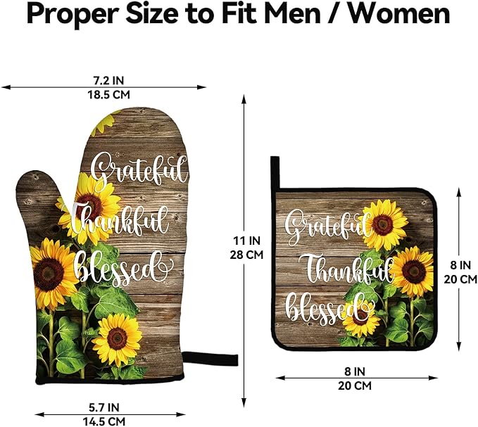Sunflower Oven Mitts and Pot Holders 4pcs Set Wood Board Rustic Oven Mitts Summer Floral Heat-Resistant Non- Slip Oven Gloves for BBQ Baking Grilling Kitchen (Blessed)
