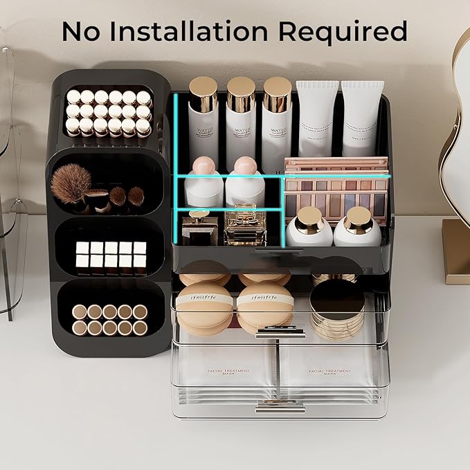 Makeup Organizer for Vanity with Brush Holder, Large Plastic Bathroom Countertop Skincare Organizer with 2 Drawers, Spacious Cosmetic Display Case for Perfumes, Eyeshadow Palettes, Nail Polishes
