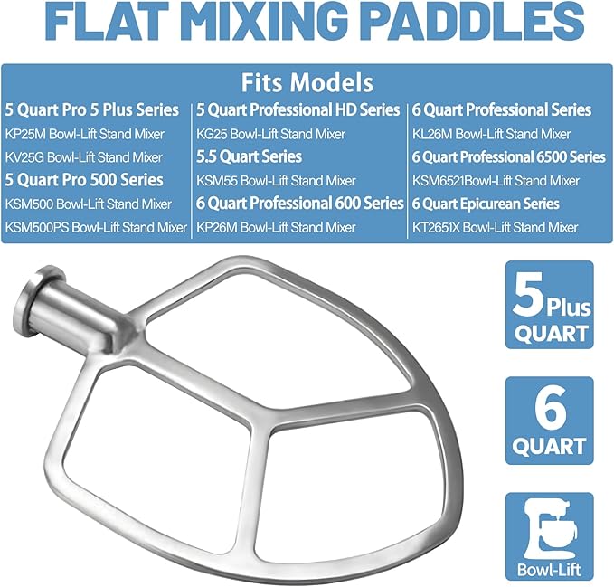 Stainless Steel Flat Beater Attachment Compatible with KitchenAid 5 Plus -6QT Mixer Bowl Lift Stand Mixer, Quick Kneading of Bread, Pasta, Cookies, Pizza, Etc. Dishwasher Safe
