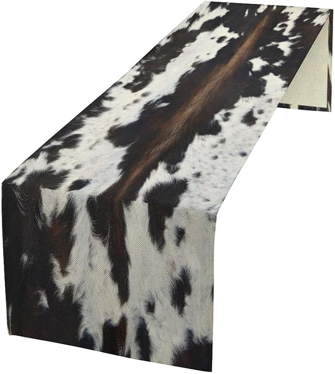 Cow Skin Print Table Runner, Rustic Cottage Country Farmhouse Animal Fur Skin Western Style Black Cowhide Print Dinner Runner for Home Kitchen Dining Table Decoration 13"x90"