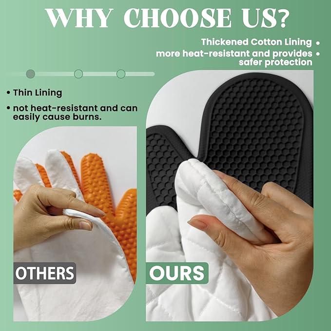 Silicone Oven Mitts Heat Resistant to 500ºF - [Ultra Heat Resistant] [Thickened Liner] [Waterproof Silicone] Kitchen Oven Gloves Mittens for Cooking, 1 Pair (Black)