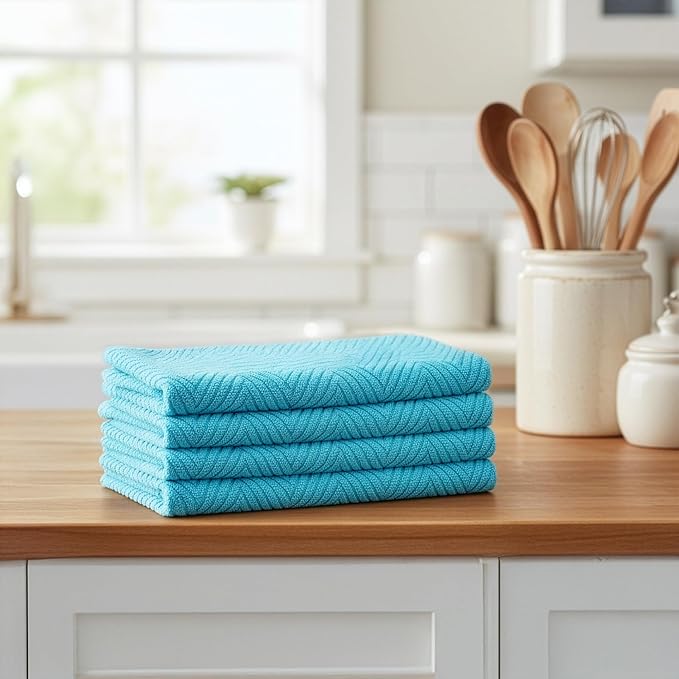 DecorRack 4 Pack 100% Cotton Kitchen Towels, 15" x 25" Absorbent Dish Towels [Premium Quality 400 GSM] Hand Towels for Kitchen, Blue (Pack of 4)