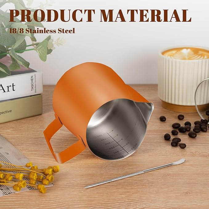 Amrules Milk Frothing Pitcher, 12 oz Milk Frother Cup with Clear Scale, 304 Stainless Steel Cappuccino Espresso Machine Accessories for Barista Coffee Bar with Latte Art Pen, Orange