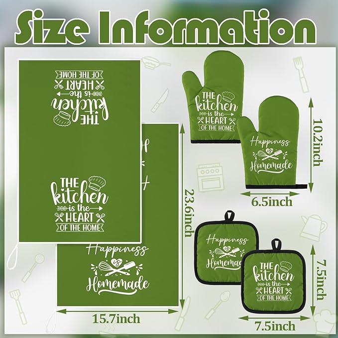 Sratte 6 Pcs Kitchen Decor Accessories Set Farmhouse Towels Pot Holders Oven Mitts Set 2 Dish Towels 2 Potholders 2 Cooking Mittens Oven Glove for Christmas Baking Cooking(Avocado Green,Kitchen)