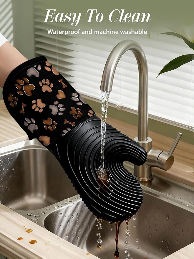 Slohif Long Silicone Oven Mitts Heat Resistant for Women - 2 Pcs Dog Paw 100% Cotton Oven Gloves, Non-Slip and Waterproof Silicone Oven Mitts with Hanger for Baking and Cooking