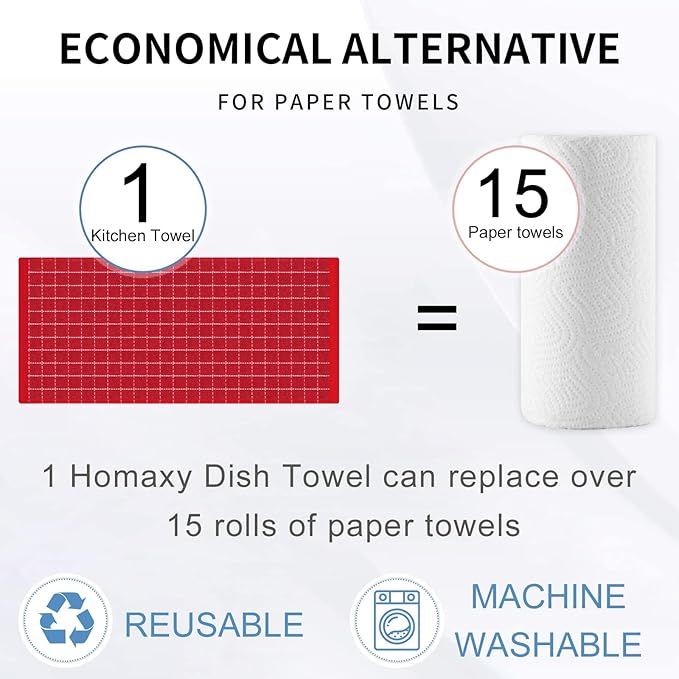 Homaxy 100% Cotton Terry Kitchen Towels(Red, 13 x 28 inches), Checkered Designed, Soft and Super Absorbent Dish Towels, 2 Pack