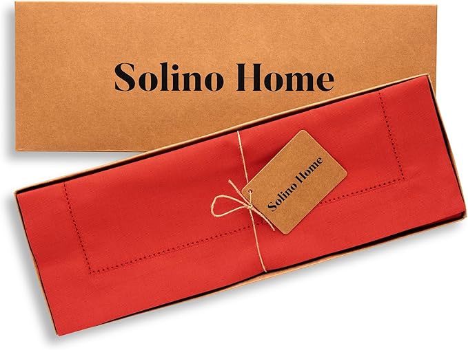 Solino Home Cotton Linen Placemats Set of 4 - Hemstitch Poppy Red Placemats 14 x 19 Inch - Machine Washable Table Mats for Mothers Day, Memorial Day