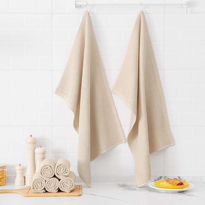 Kitinjoy 100% Cotton Waffle Weave Kitchen Towels (20 X 28 Inches, Beige), 4-Pack Super Soft and Absorbent Dish Towel for Drying Dishes