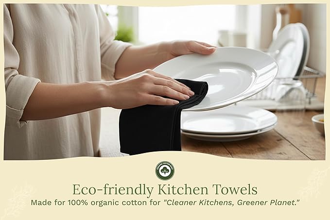 Organic Cotton Black Tea Towels - 100% Cotton, 10-Pack, Reusable and Washable Black Flour Sack Towels for Kitchen - Extra Large 27"x27", Durable Dish Towels with Hanging Loop