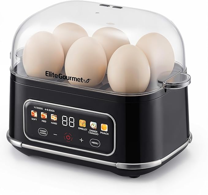 Elite Gourmet Digital Egg Cooker, 6 Egg Capacity, Soft/Medium/Hard Boiled, Onsen Tamago, Poach & Omelet, One-Touch Menu, Audible Alert On/Off, Auto Shut-Off, Black