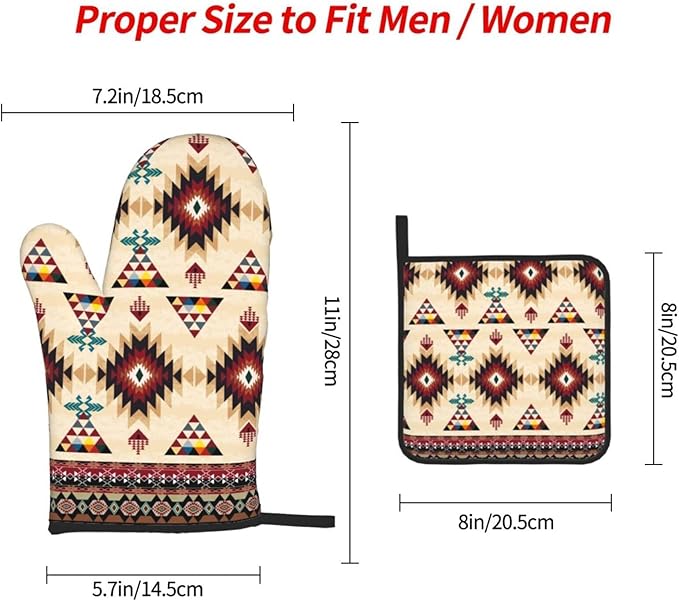 Southwestern Aztec Oven Mitts and Pot Holders Set of 3, Heat Resistant Non-Slip Navajo Pattern Oven Gloves with Hot Pad, Native American Boho Kitchen Decor Gloves for Chef Cooking Baking Grilling BBQ