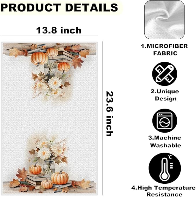 2 Pcs Vintage Fall Pumpkin Kitchen Towels, Maple Leaves Decorative Absorbent Microfiber Dish Cloth Tea Towel, Rustic Waffle Soft Hand Towels for Farmhouse Home Bathroom, Fall Harvest Gifts
