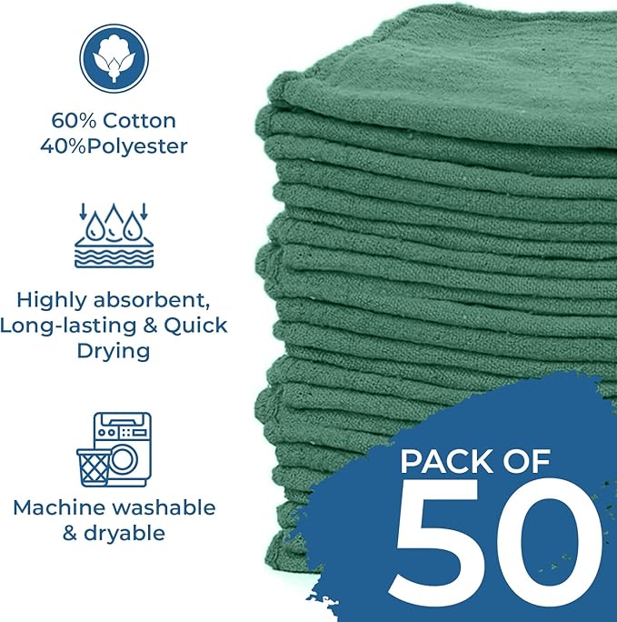DAN RIVER Shop Towels, 50 Pack Commercial Use Green Terry Cloth Rags for Cleaning Cars & Household Surfaces – Well Absorbent, Reusable Cleaning Rags & Wash Clothes – Washable Towels