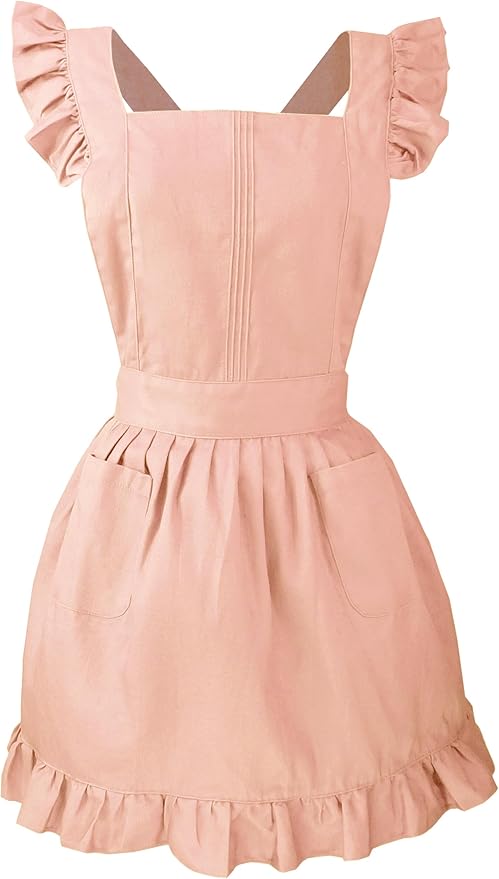 Retro Adjustable Ruffle Apron Kitchen Cooking Baking Cleaning Maid Costume (Pale Peach)