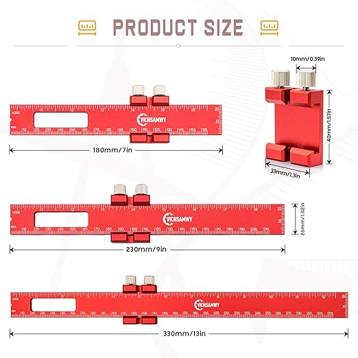 Precision Metal Slide Stop Scribing Ruler - 12, 8 & 6 Inch, Adjustable Measuring & Marking for Woodworking