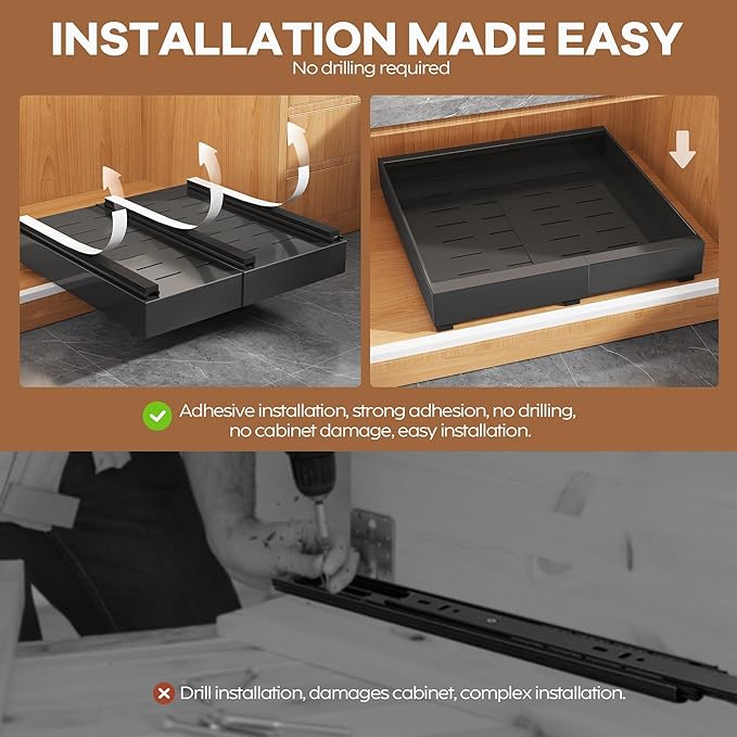 Seinloes 2 Pack Expandable Pull Out Cabinet Organizer 16.5"Deep With Raising Pad for Framed Cabinets,Upgrade 3 Slide Rails Slide Out Drawers,No Drill Roll Out Shelves,Adjustable Width 12.2"-20.4"Black