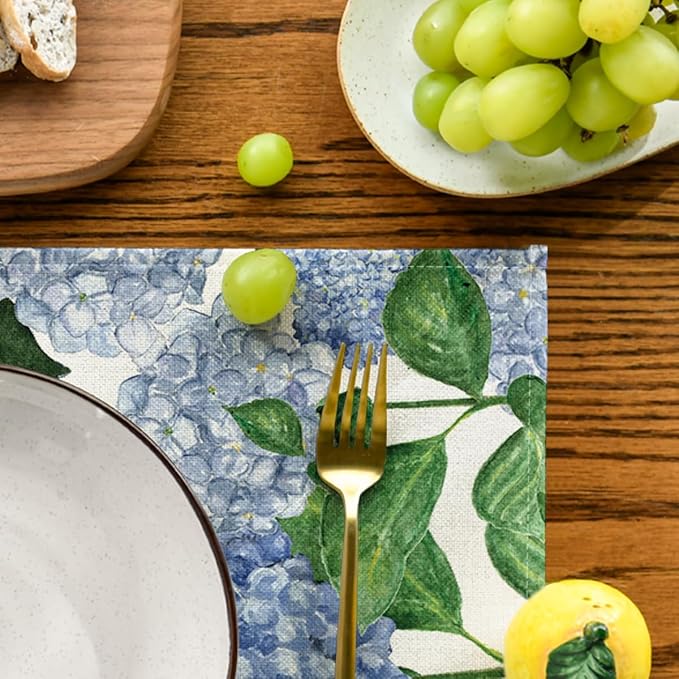 Artoid Mode Watercolor Hydrangea Placemats for Dining Table, 12 x 18 Inch Spring Summer Seasonal Decoration Rustic Washable Table Mats Set of 4 Purple