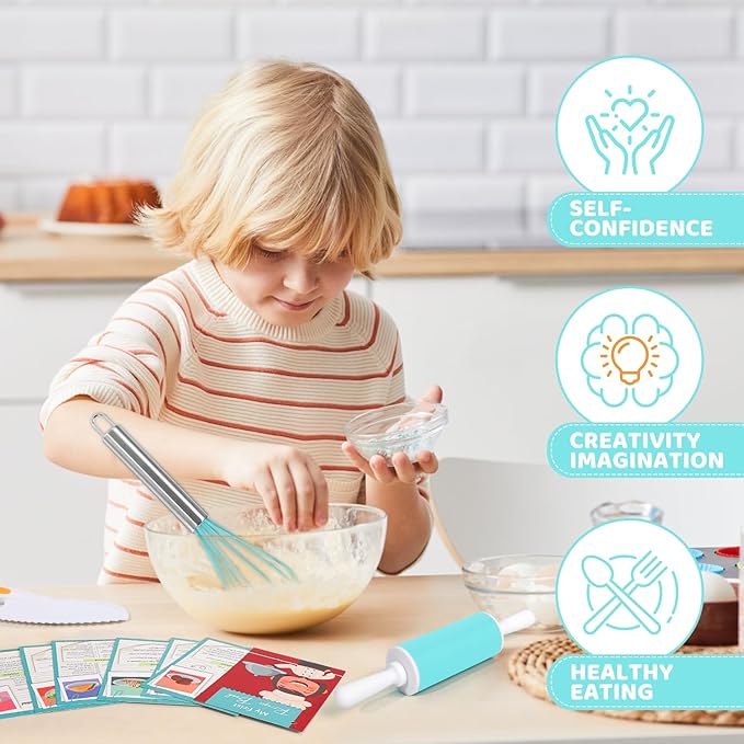 Kids Cooking Sets Real, Kids Cooking & Baking Set with Storage Case Kid Safe Knives Cutting Board Apron Cookbook Toddler Cooking Utensils, Montessori Kitchen Tools, Birthday Gifts Toys for Girls Boys
