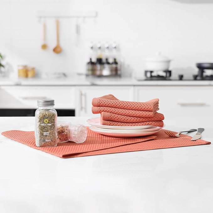 Kitinjoy 100% Cotton Waffle Weave Kitchen Hand Towels (13 X 28 Inches, Coral), 4-Pack Super Soft and Absorbent Dish Towel for Drying Dishes