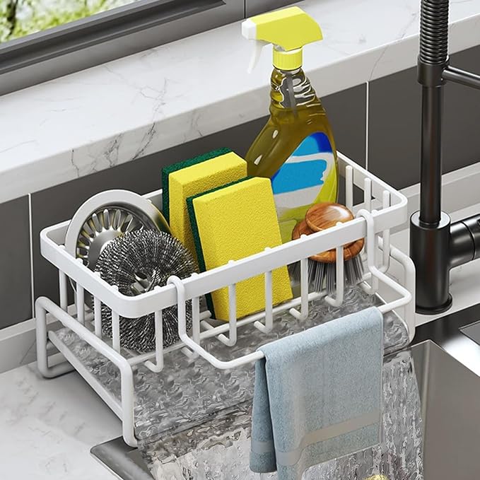 Sponge Holder for Kitchen Sink with Rag Holder, Kitchen Countertop Organizers and Storage Essentials, Rustproof Carbon Steel, Soap Dispenser Organize (White)