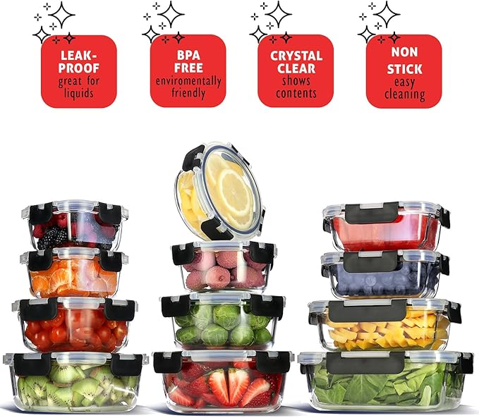 Nestl 24pc (12 Airtight, Freezer Safe Food Storage Containers and 12 Lids), Pantry Kitchen Storage Containers, Glass Meal Prep Container for Lunch, Glass Storage Containers with Lids Black