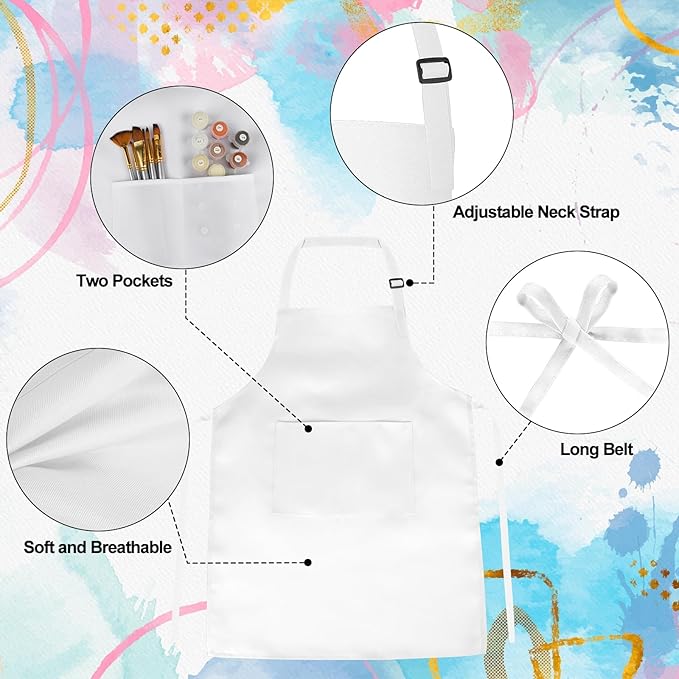 PLULON 6 Pcs Kids Aprons with 2 Pockets Painting Aprons for Kids Aprons Bulk, Paint Apron Adjustable Children Chef Aprons for Girls Boys Painting Baking Cooking Crafting - White