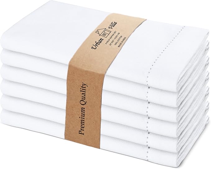 Urban Villa Cloth Napkins Hemstitch Solid White 100% Cotton Absorbent Dinner Napkins (Set of 6) 20x20 Inches Soft Durable Washable Reusable Ideal for Everyday Use Wedding Parties Cloth Dinner Napkins