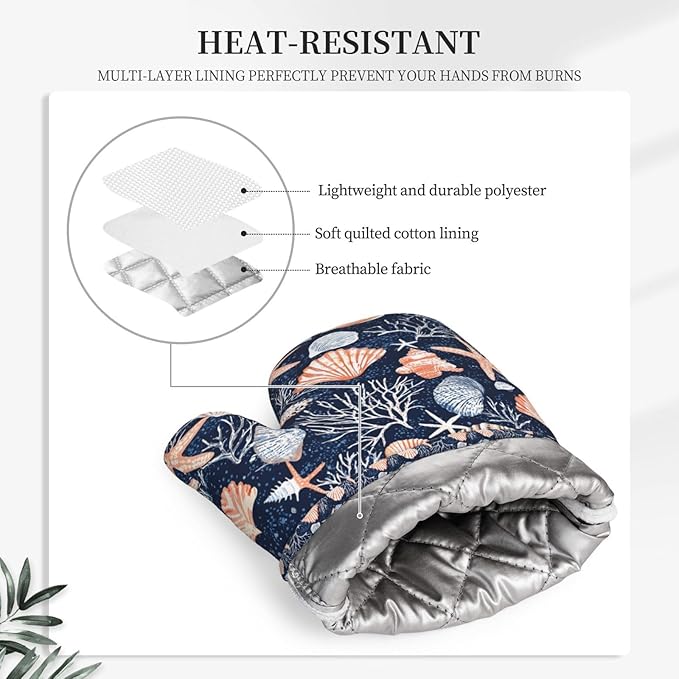 Seashell Silicone Oven Mitts Set of 2, Heat Resistant up to 500°F, Kitchen Oven Gloves with Non-Slip Grip and Soft Cotton Lining for Baking, Cooking and BBQ