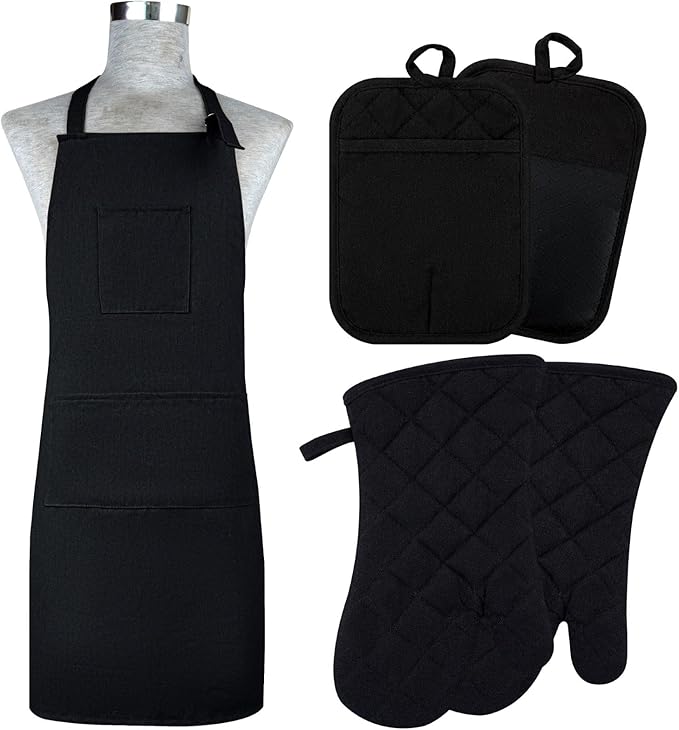 Oven Mitts and Pot Holders with Cooking Apron Set of 5, Heat Resistant Kitchen Gloves and Silicone Non-Slip Potholders, Adjustable Neck Buckle Chef Apron, Cotton Nice Design for Cooking (Black)…