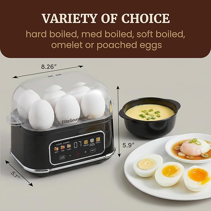 Elite Gourmet Digital Egg Cooker, 6 Egg Capacity, Soft/Medium/Hard Boiled, Onsen Tamago, Poach & Omelet, One-Touch Menu, Audible Alert On/Off, Auto Shut-Off, Black